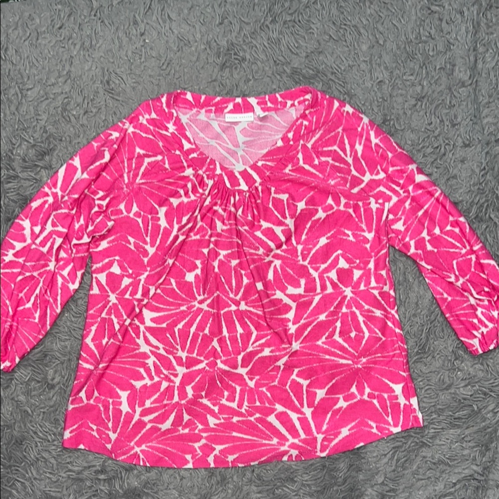 Susan Graver M Top Pink White Floral Raised Pattern Balloon Sleeves V Neck